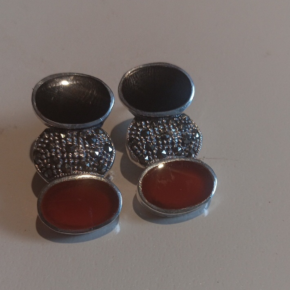Vintage Art Deco Sterling Silver Earrings Black Onyx, Marcasite and Carnelian.